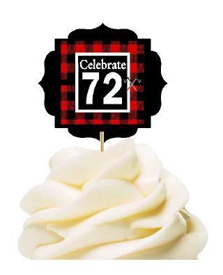 Specially Crafted 72nd Birthday - Anniversary LumberJack Buffalo Plaid Novelty Cupcake Decoration Toppers -  Picks -12ct