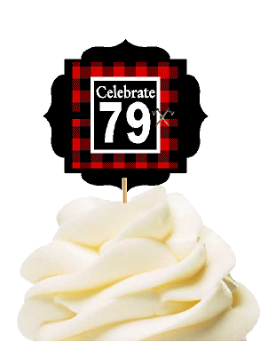 Specially Crafted 79th Birthday - Anniversary LumberJack Buffalo Plaid Novelty Cupcake Decoration Toppers -  Picks -12ct