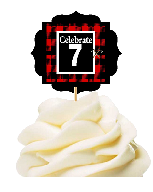 Specially Crafted 7th Birthday - Anniversary LumberJack Buffalo Plaid Novelty Cupcake Decoration Toppers -  Picks -12ct