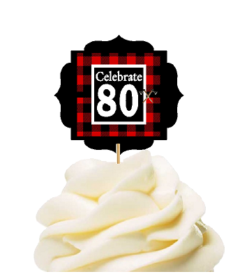 Specially Crafted 80th Birthday - Anniversary LumberJack Buffalo Plaid Novelty Cupcake Decoration Toppers -  Picks -12ct