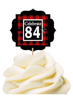 Specially Crafted 84th Birthday - Anniversary LumberJack Buffalo Plaid Novelty Cupcake Decoration Toppers -  Picks -12ct