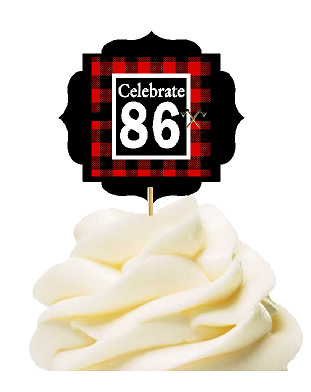 Specially Crafted 86th Birthday - Anniversary LumberJack Buffalo Plaid Novelty Cupcake Decoration Toppers -  Picks -12ct