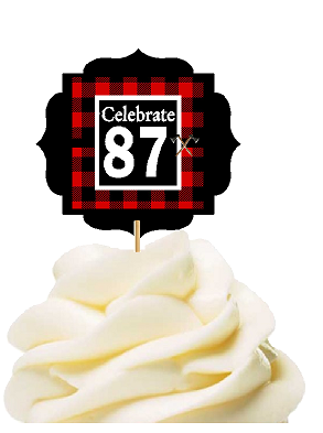 Specially Crafted 87th Birthday - Anniversary LumberJack Buffalo Plaid Novelty Cupcake Decoration Toppers -  Picks -12ct