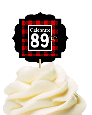 Specially Crafted 89th Birthday - Anniversary LumberJack Buffalo Plaid Novelty Cupcake Decoration Toppers -  Picks -12ct