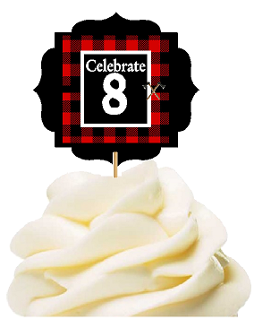 Specially Crafted 8th Birthday - Anniversary LumberJack Buffalo Plaid Novelty Cupcake Decoration Toppers -  Picks -12ct