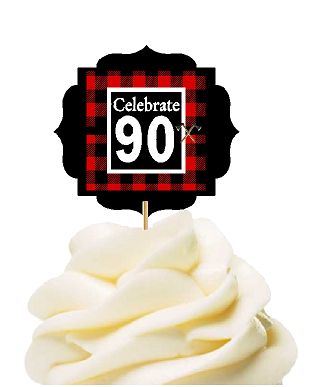 Specially Crafted 90th Birthday - Anniversary LumberJack Buffalo Plaid Novelty Cupcake Decoration Toppers -  Picks -12ct