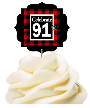 Specially Crafted 91st Birthday - Anniversary LumberJack Buffalo Plaid Novelty Cupcake Decoration Toppers -  Picks -12ct