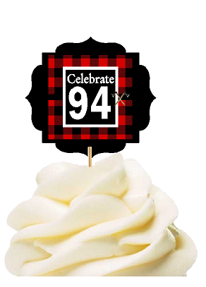 Specially Crafted 94th Birthday - Anniversary LumberJack Buffalo Plaid Novelty Cupcake Decoration Toppers -  Picks -12ct