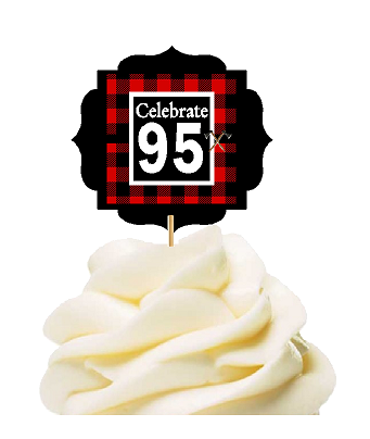 Specially Crafted 95th Birthday - Anniversary LumberJack Buffalo Plaid Novelty Cupcake Decoration Toppers -  Picks -12ct