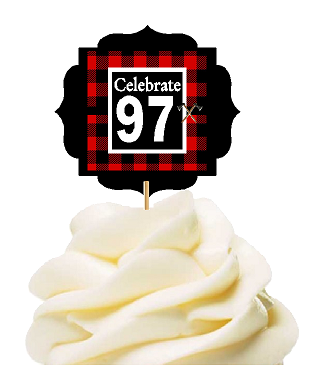 Specially Crafted 97th Birthday - Anniversary LumberJack Buffalo Plaid Novelty Cupcake Decoration Toppers -  Picks -12ct