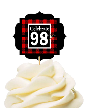 Specially Crafted 98th Birthday - Anniversary LumberJack Buffalo Plaid Novelty Cupcake Decoration Toppers -  Picks -12ct