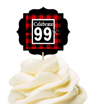 Specially Crafted 99th Birthday - Anniversary LumberJack Buffalo Plaid Novelty Cupcake Decoration Toppers -  Picks -12ct