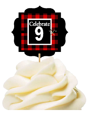 Specially Crafted 9th Birthday - Anniversary LumberJack Buffalo Plaid Novelty Cupcake Decoration Toppers -  Picks -12ct