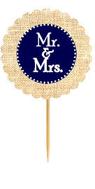Mr & Mrs Navy Rustic Burlap Wedding Cupcake Decoration Topper Picks -12ct