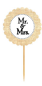 Mr & Mrs White  Rustic Burlap Wedding Cupcake Decoration Topper Picks -12ct