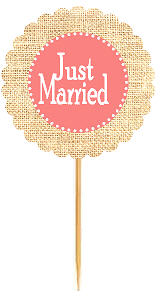 Just Married Peach Rustic Burlap Wedding Cupcake Decoration Topper Picks -12ct