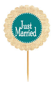 Just Married Teal Rustic Burlap Wedding Cupcake Decoration Topper Picks -12ct