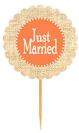Just Married Coral Rustic Burlap Wedding Cupcake Decoration Topper Picks -12ct