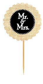 Mr & Mrs Black Rustic Burlap Wedding Cupcake Decoration Topper Picks -12ct