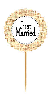 Just Married White  Rustic Burlap Wedding Cupcake Decoration Topper Picks -12ct