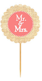 Mr & Mrs Peach Rustic Burlap Wedding Cupcake Decoration Topper Picks -12ct