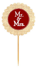 Mr & Mrs Burgundy Rustic Burlap Wedding Cupcake Decoration Topper Picks -12ct