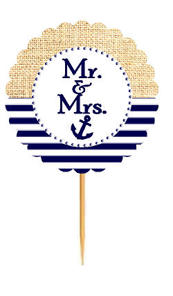Mr & Mrs Nautical Anchor  Rustic Burlap Wedding Cupcake Decoration Topper Picks -12ct