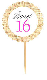 Sweet 16  Rustic Burlap Birthday Cupcake Decoration Topper Picks -12ct