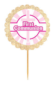 First Communion Pink Rustic Burlap Cupcake Decoration Topper Picks -12ct