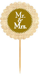 Mr & Mrs Gold Rustic Burlap Wedding Cupcake Decoration Topper Picks -12ct