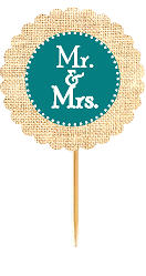 Mr & Mrs Teal Rustic Burlap Wedding Cupcake Decoration Topper Picks -12ct