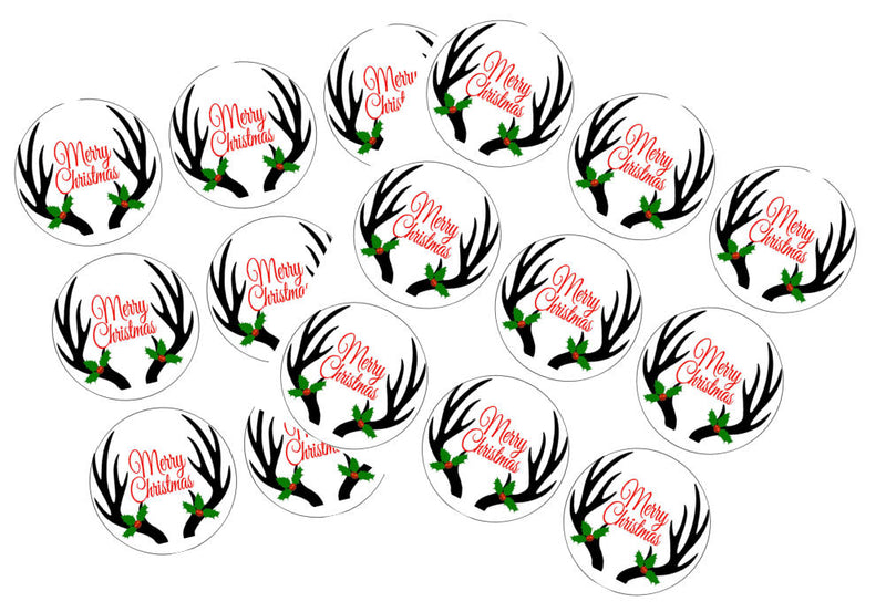 90 Merry Christmas Deer Antlers Red 1.5inch Round Party Favor Stickers - Envelope Seals- Favor Decorations