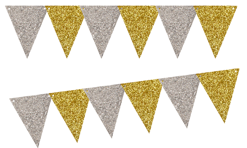 Silver Glitter Gold Glliter 10ft Vintage Pennant Banner Paper Triangle  Bunting Flags for Weddings, Birthdays, Baby Showers, Events & Parties