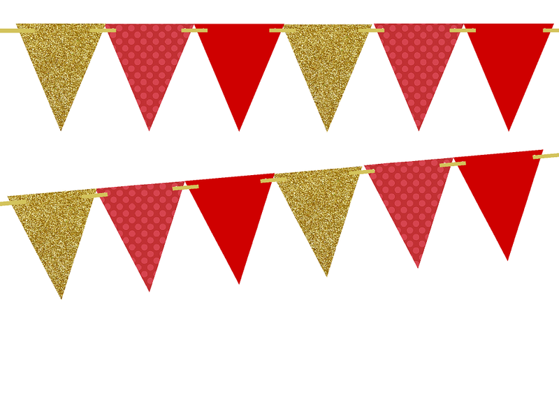 Gold Glitter-Large Red Dots-Solid Red 10ft Vintage Pennant Banner Paper Triangle  Bunting Flags for Weddings, Birthdays, Baby Showers, Events & Parties