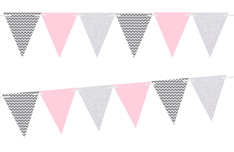 Grey Chevron-Solid Light Pink-White Glitter 10ft Vintage Pennant Banner Paper Triangle  Bunting Flags for Weddings, Birthdays, Baby Showers, Events & Parties
