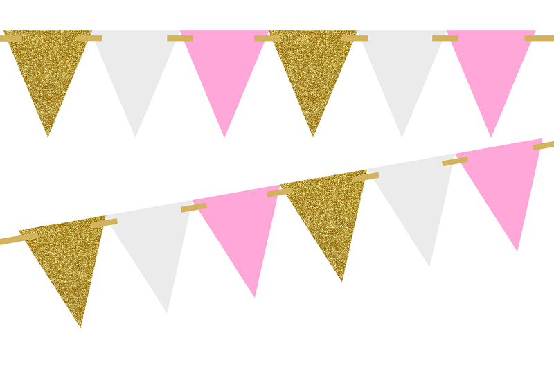 Gold Glitter-Solid Pink-Solid White 10ft Vintage Pennant Banner Paper Triangle  Bunting Flags for Weddings, Birthdays, Baby Showers, Events & Parties