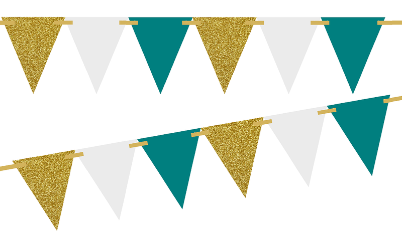 Gold Glitter-Solid Teal-Solid White 10ft Vintage Pennant Banner Paper Triangle  Bunting Flags for Weddings, Birthdays, Baby Showers, Events & Parties