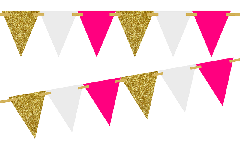 Gold Glitter-Solid Hot Pink-Solid White 10ft Vintage Pennant Banner Paper Triangle  Bunting Flags for Weddings, Birthdays, Baby Showers, Events & Parties