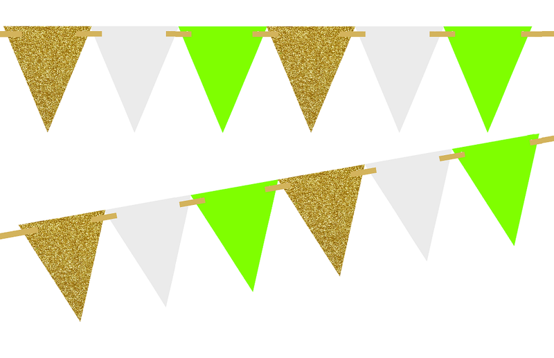 Gold Glitter-Solid Lime Green-Solid White 10ft Vintage Pennant Banner Paper Triangle  Bunting Flags for Weddings, Birthdays, Baby Showers, Events & Parties