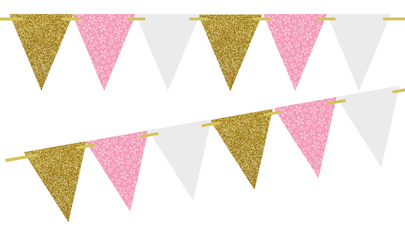 Gold Glitter-Pink Flower-Solid White 10ft Vintage Pennant Banner Paper Triangle  Bunting Flags for Weddings, Birthdays, Baby Showers, Events & Parties