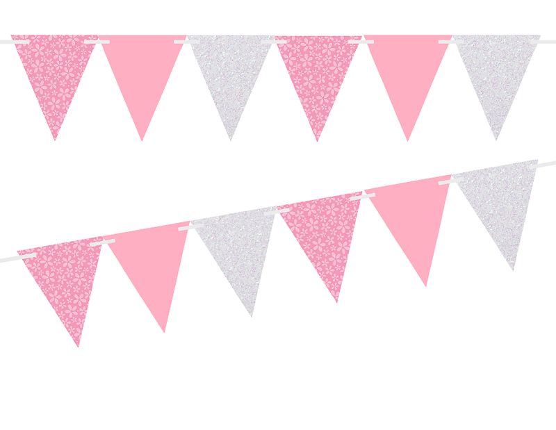 Pink Flower-Solid Pink-Glitter White 10ft Vintage Pennant Banner Paper Triangle  Bunting Flags for Weddings, Birthdays, Baby Showers, Events & Parties