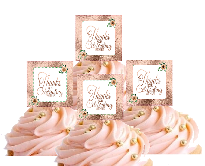 12pk Antique Rose Gold Glitter Thanks For Celebrating with Us Hand Crafted Glitter Cupcake Decoration Topper Picks