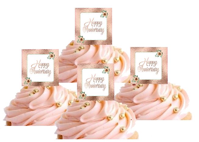 12pk Antique Rose Gold Glitter Happy Aniversary Hand Crafted Glitter Cupcake Decoration Topper Picks
