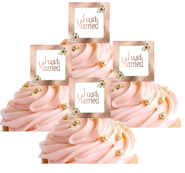 12pk Antique Rose Gold Glitter Just Married Hand Crafted Glitter Cupcake Decoration Topper Picks