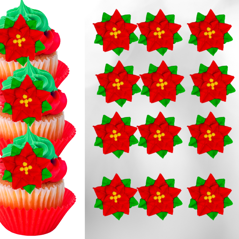Red Poinsettia  Royal Icing Frosting Decoration Toppers -12ct