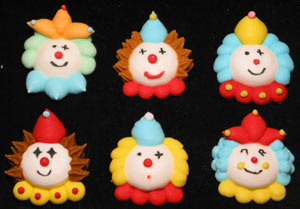Clown Faces Primary Colors Asst. Royal Icing Cake-Cupcake Decorations 12 Ct