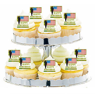 24ct Military Man Happy Birthday US Flag Cupcake  Decoration Toppers - Picks