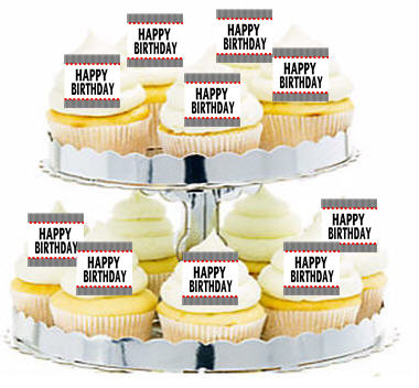 24ct Black & White Stripes Happy Birthday Cupcake  Decoration Toppers - Picks
