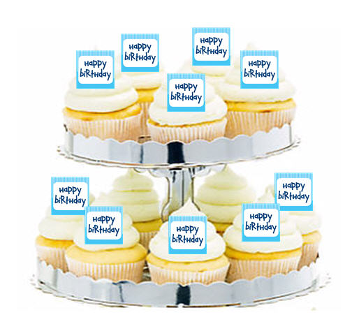 24ct Happy Birthday Blue Stripes Cupcake  Decoration Toppers - Picks