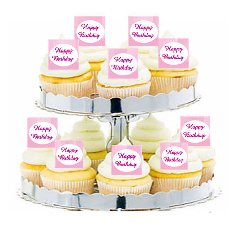 24ct Happy Birthday Pink Stripes Cupcake  Decoration Toppers - Picks